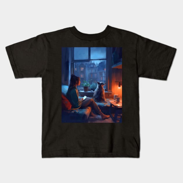 Rainy Day Serenity: Embrace Cozy Vibes with Relaxing Sounds and Comforting Atmosphere Kids T-Shirt by The Alien Boy Art